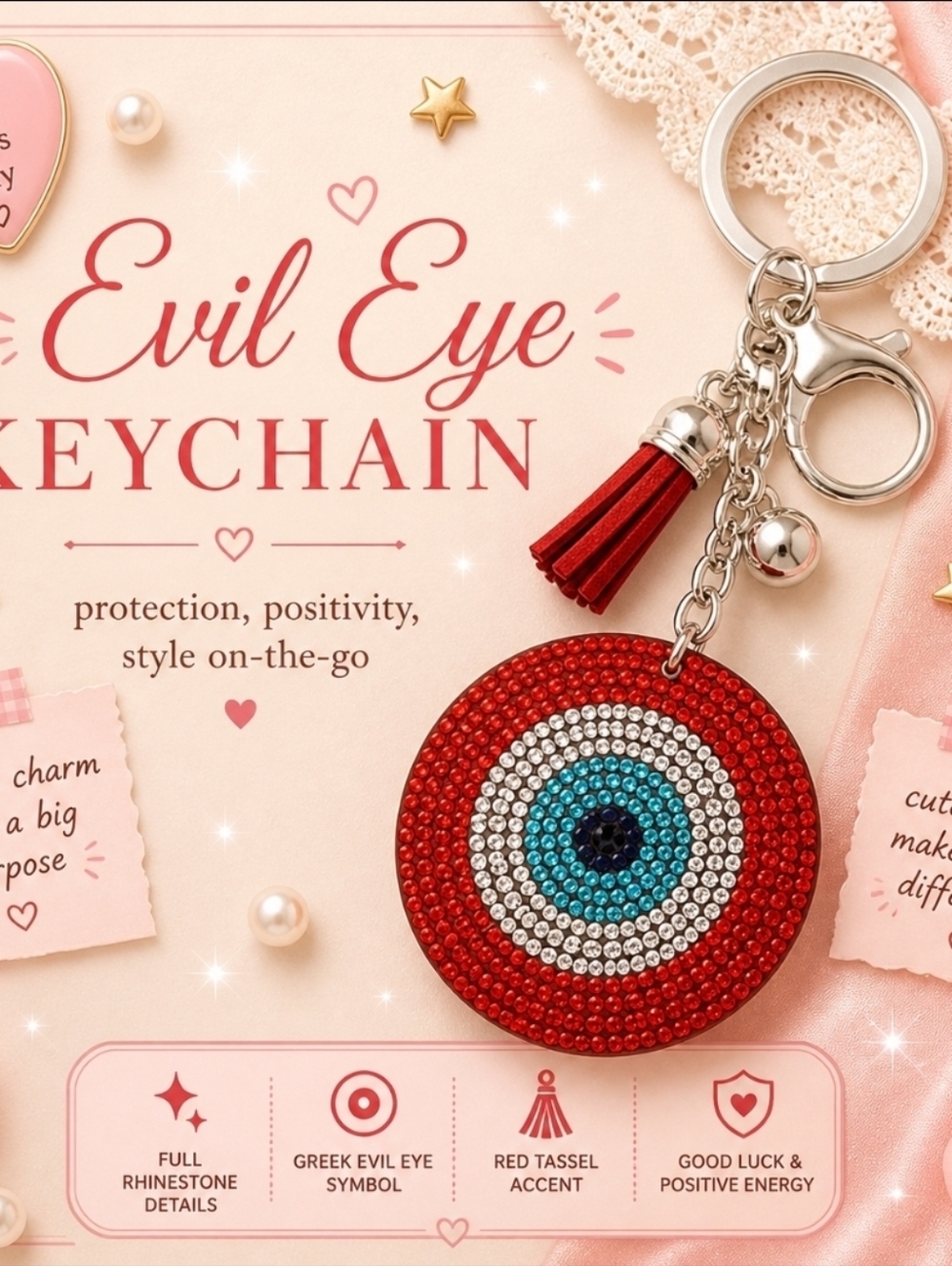 RHINESTONE RED EVIL EYE GRECIAN KEYRING KEYCHAIN WITH RED TASSEL